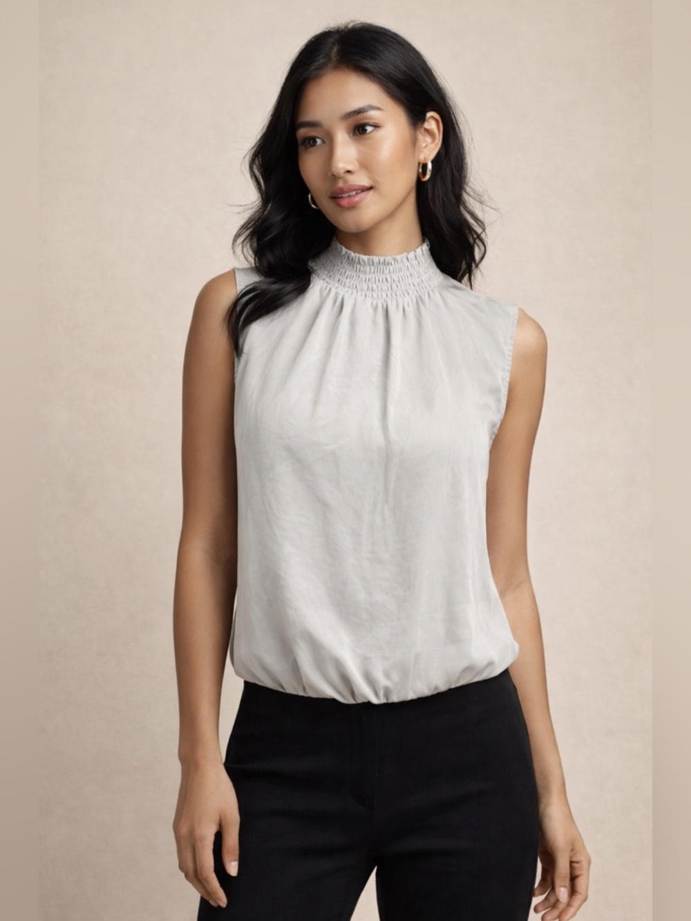 Express | Light Gray Sheer Smocked Neck Open Back Sleeveless Blouse - Size M